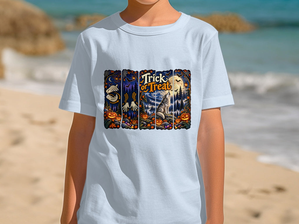 Light blue t-shirt with Halloween graphic featuring pumpkins, a wolf, and "Trick or Treat" text.