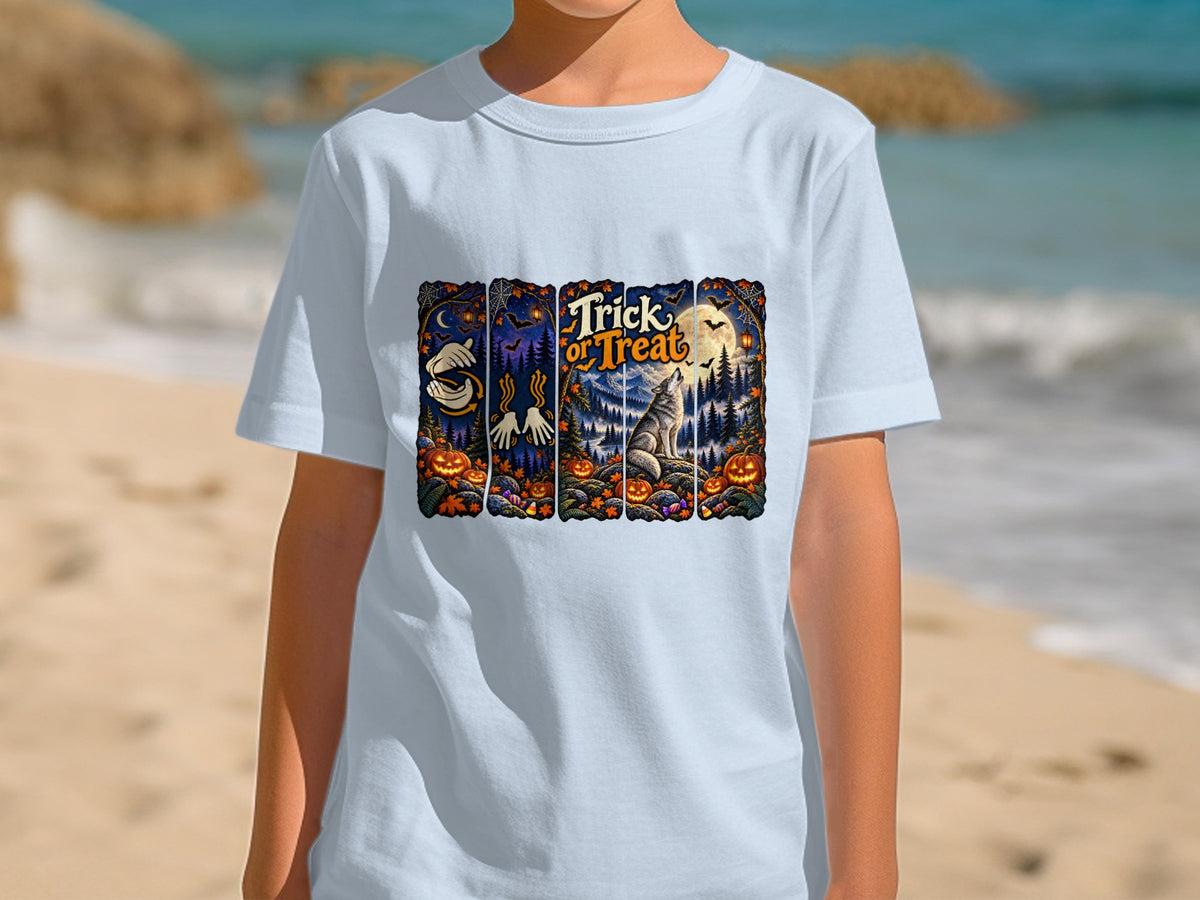 Light blue t-shirt with Halloween graphic featuring pumpkins, a wolf, and "Trick or Treat" text.