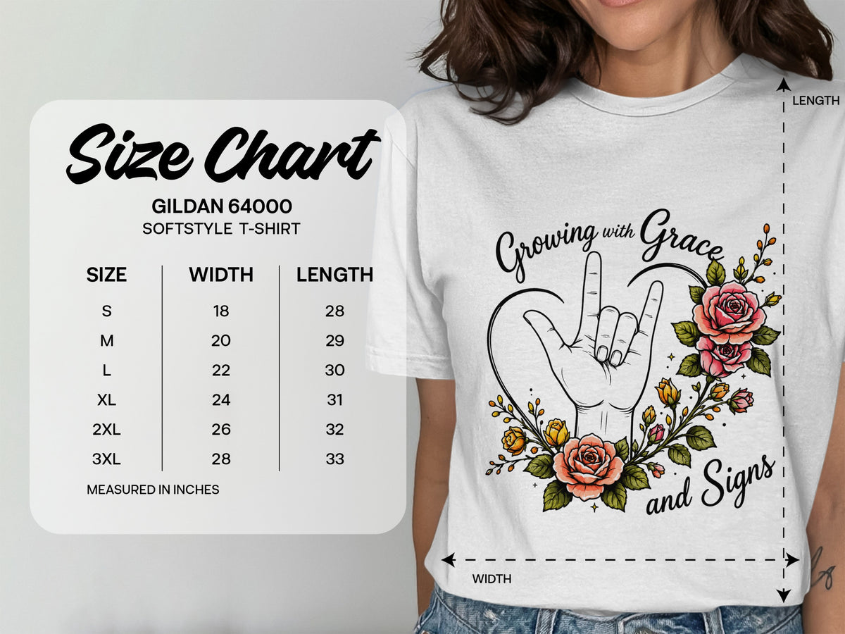 Gildan 64000 Softstyle T-shirt size chart with width and length measurements in inches.