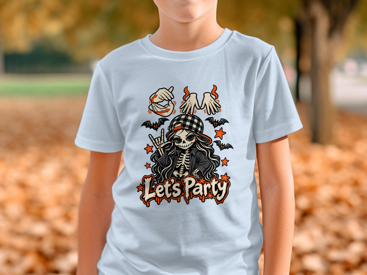 Skeleton character with "Let's Party" text and bats on a light blue t-shirt.