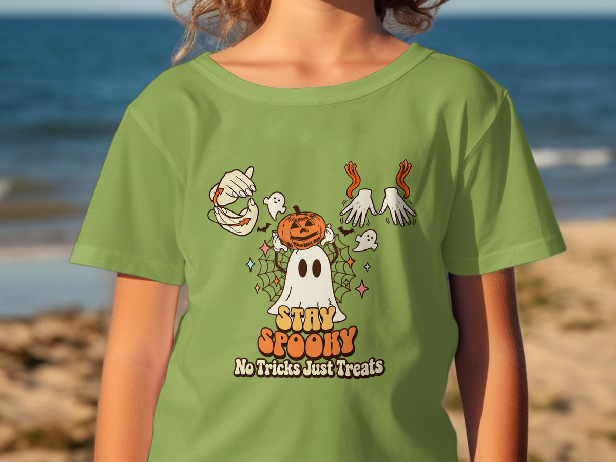 Green t-shirt with a ghost, pumpkin, and text "Stay Spooky No Tricks Just Treats".