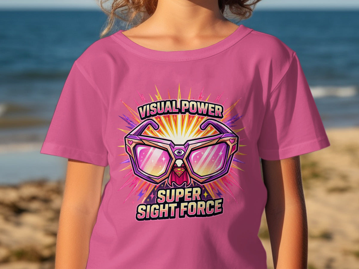 Pink t-shirt with "VISUAL POWER SUPER SIGHT FORCE" graphic of stylized sunglasses.