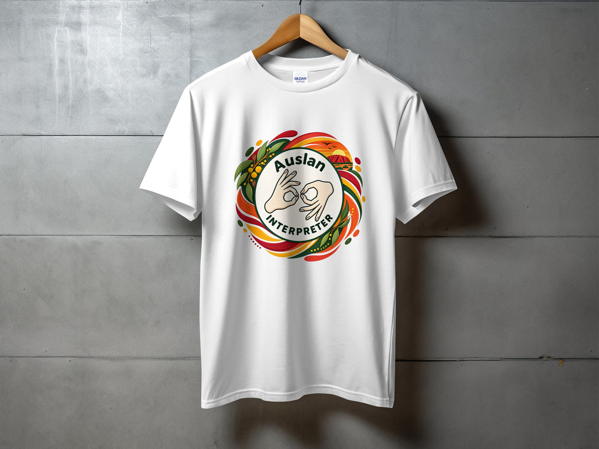 White t-shirt with "Auslan Interpreter" text and hand signs in a circular design.
