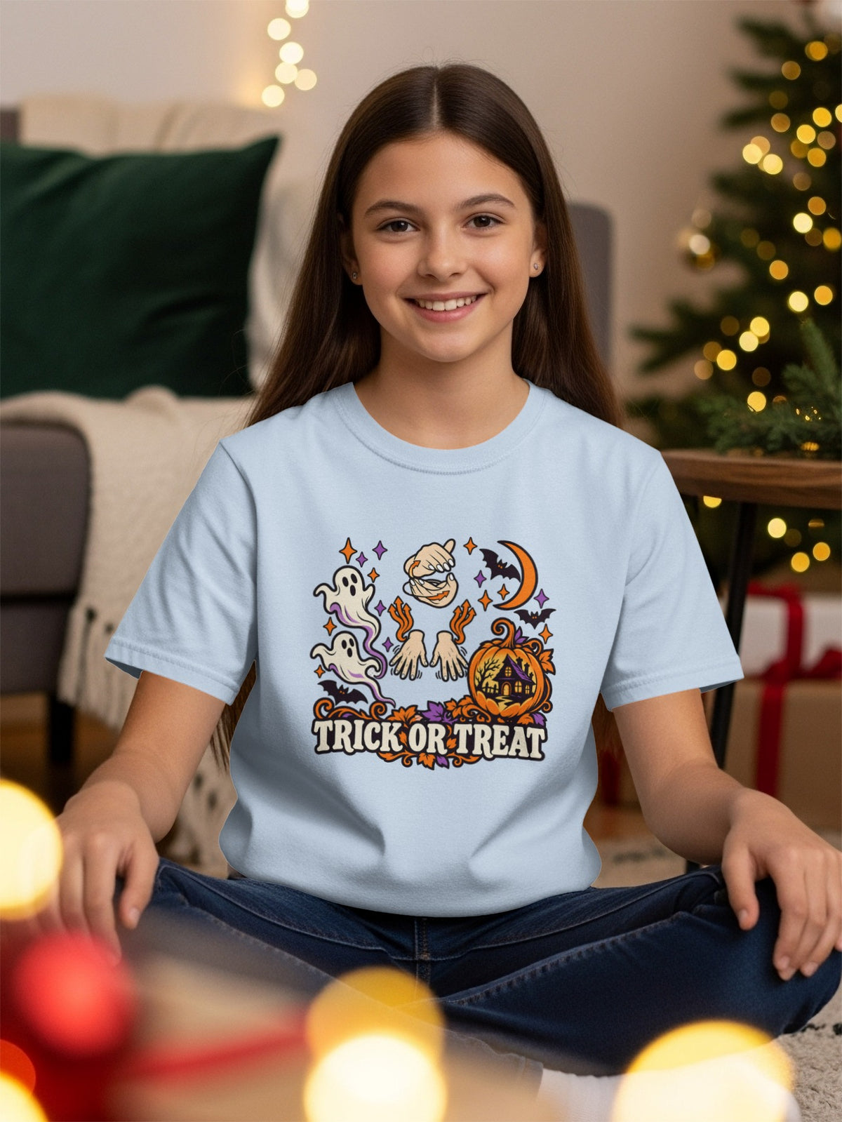 Light blue t-shirt with "Trick or Treat" Halloween graphic featuring ghosts, bats, and pumpkin house.