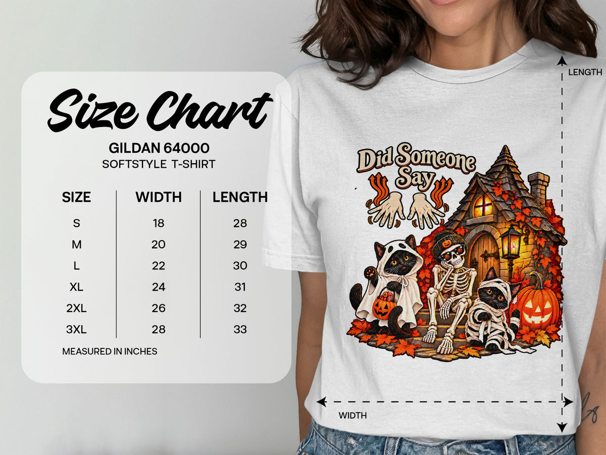 Size chart for Gildan 64000 Softstyle T-shirt with Halloween graphic.