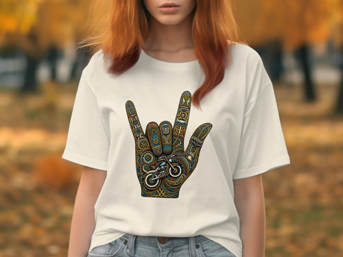 White t-shirt with a colorful, intricate hand gesture design featuring a motorcycle.