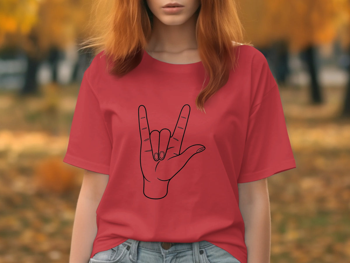 Red t-shirt with a black line drawing of the "rock on" hand gesture.
