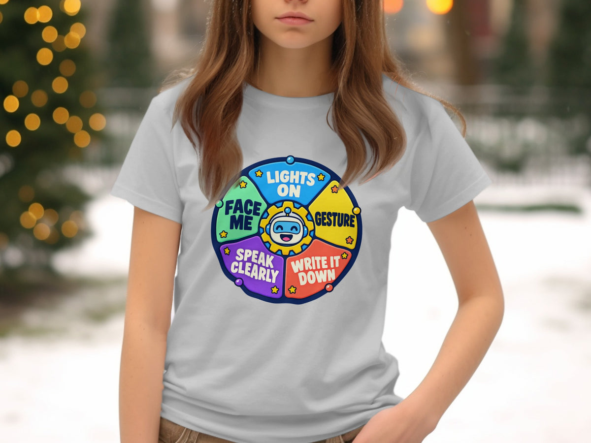 Grey t-shirt with a circular graphic of a robot and communication tips.