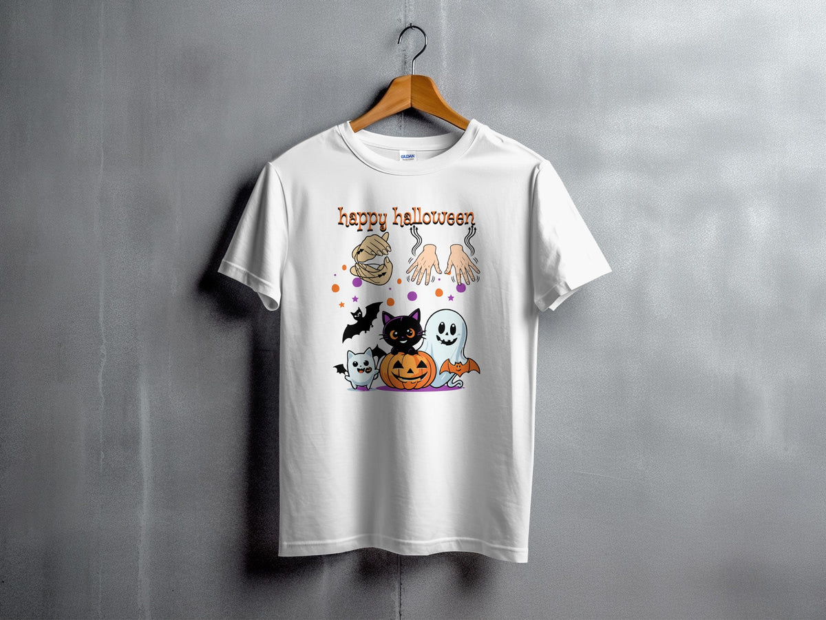 White t-shirt with "happy halloween" text and cartoon cats, ghost, pumpkin, and bats.