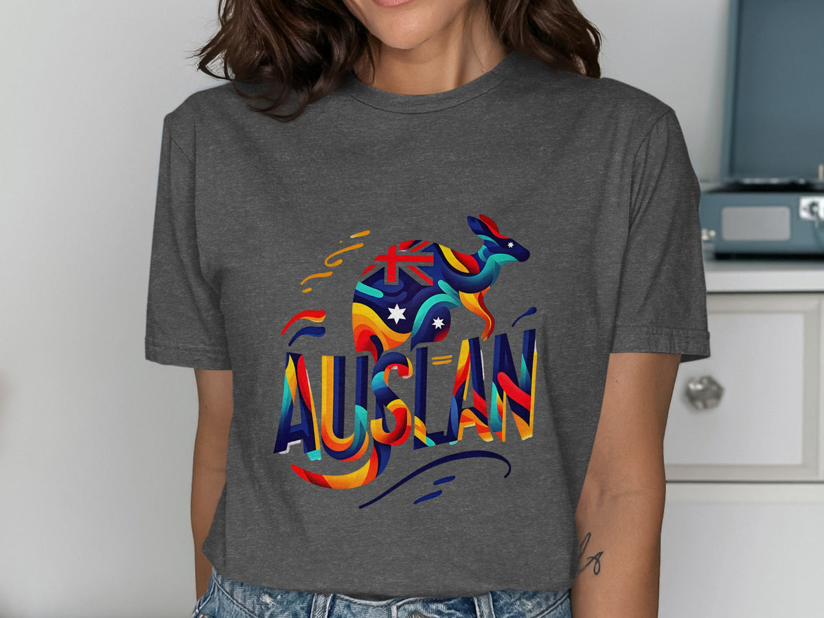 Kangaroo and "AUSLAN" text on a dark grey t-shirt with colorful wavy patterns.