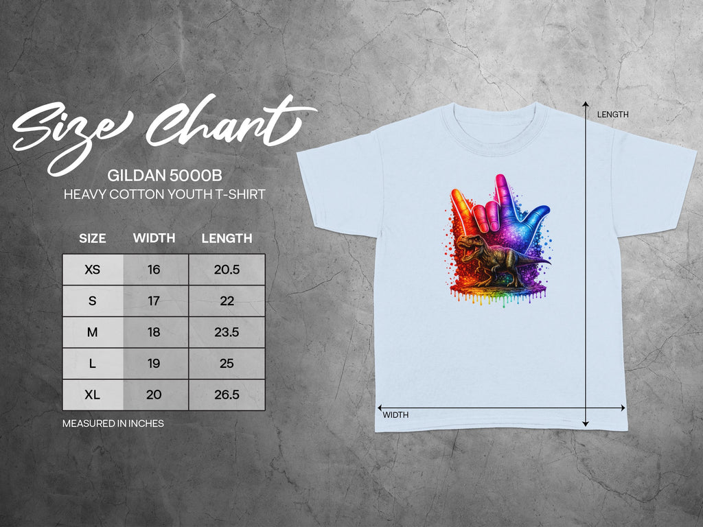 Gildan 5000B youth t-shirt size chart with width and length measurements in inches.