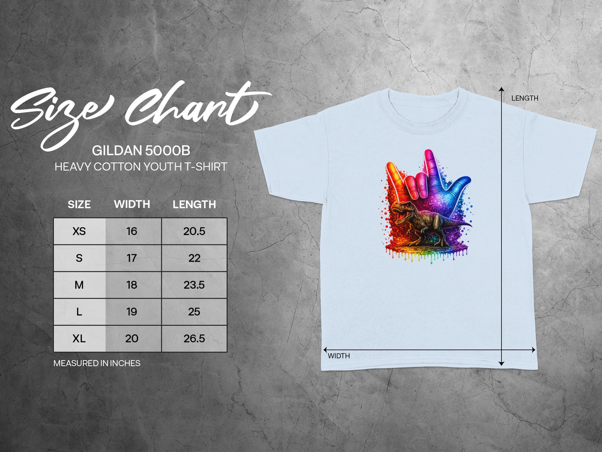 Gildan 5000B youth t-shirt size chart with width and length measurements in inches.