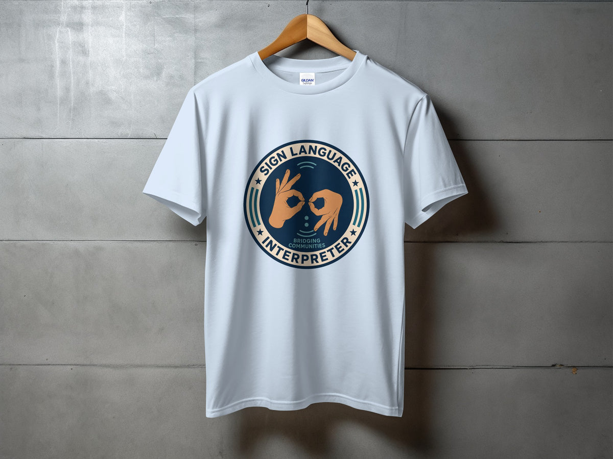Light blue t-shirt with a circular graphic depicting hands signing, "Sign Language Interpreter," and "Bridging Communities."