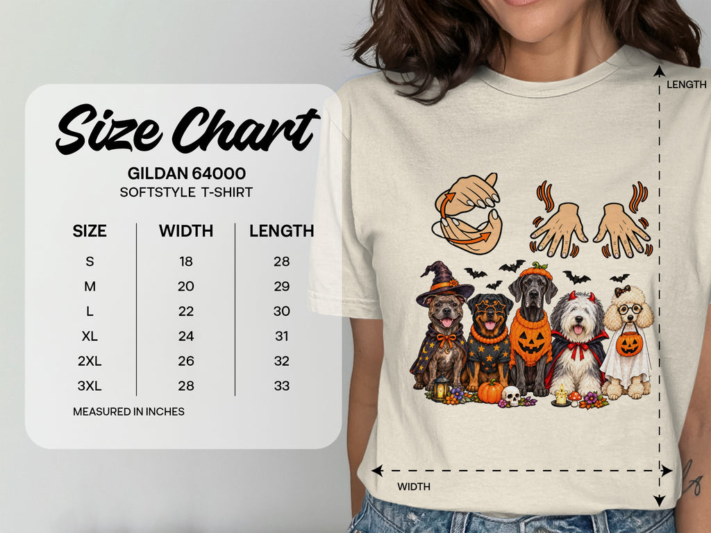 Size chart for Gildan 64000 Softstyle t-shirt with dog Halloween graphic.