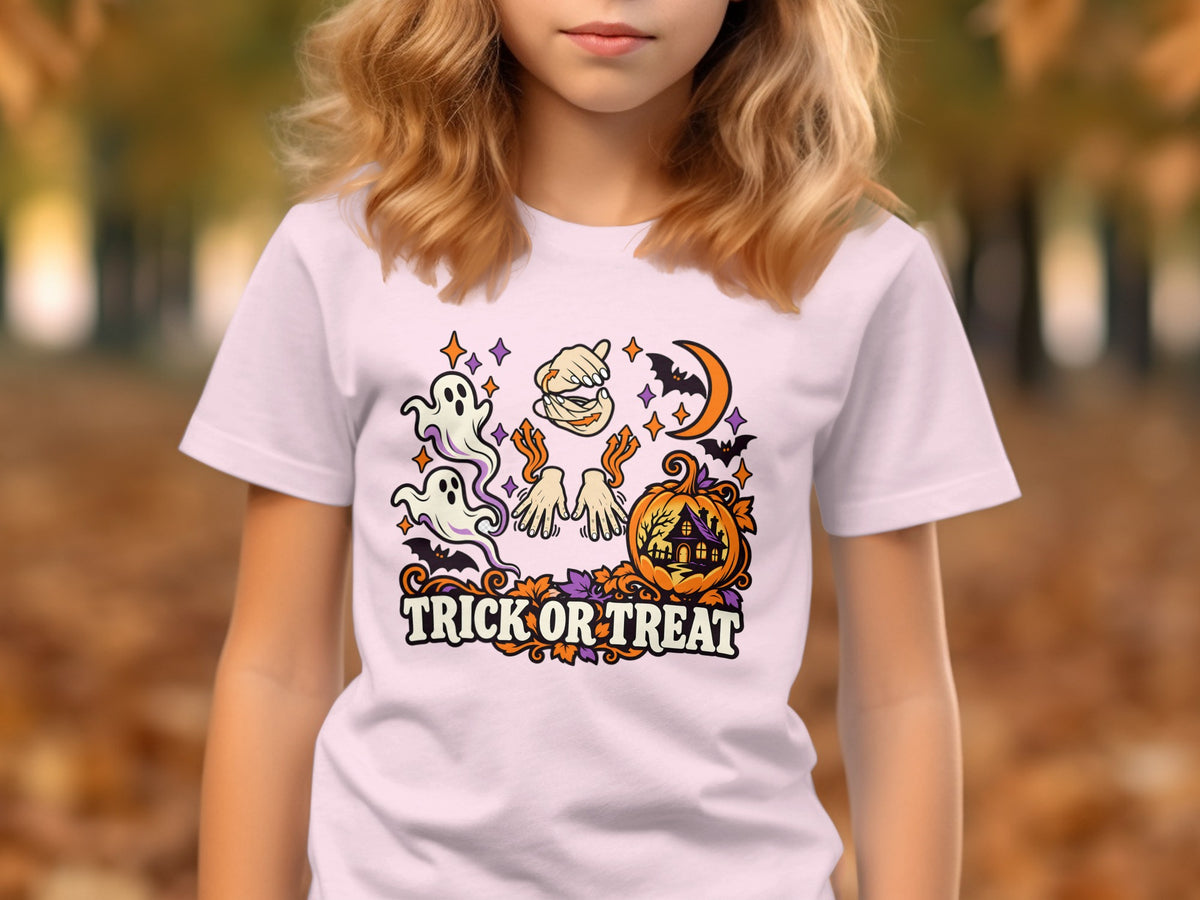 White t-shirt with Halloween graphic featuring ghosts, bats, pumpkin, and text "Trick or Treat".
