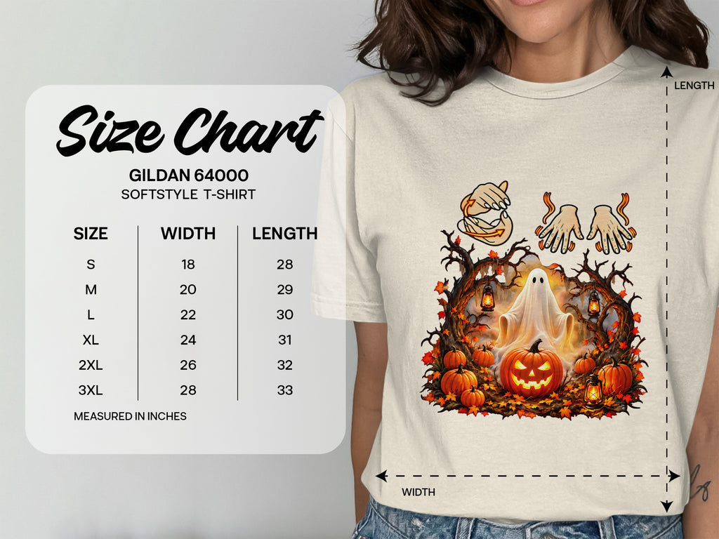 Gildan 64000 Softstyle t-shirt size chart with measurements in inches.