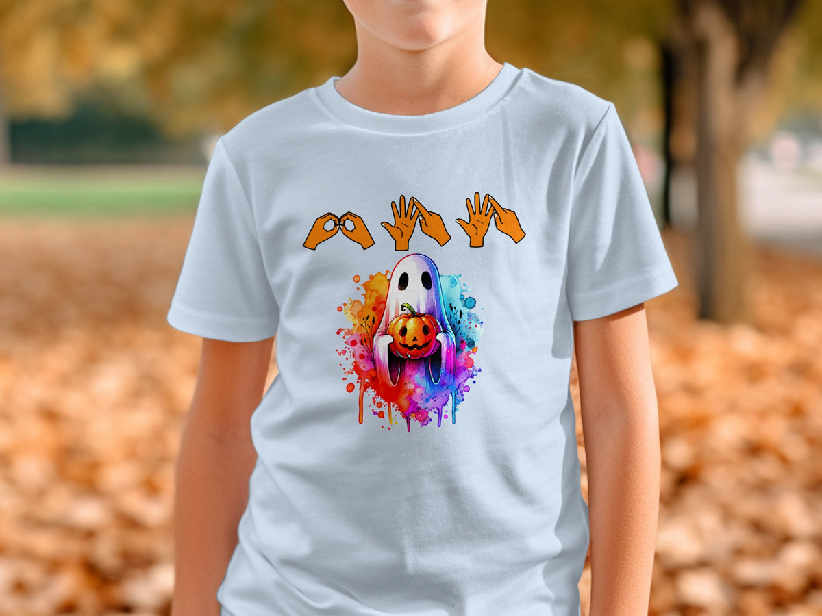 Ghost holding pumpkin with colorful watercolor splashes and sign language hands above.