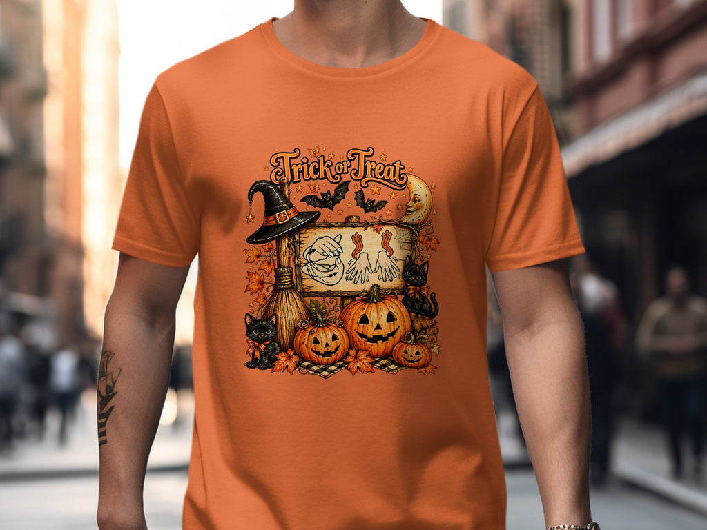 Halloween graphic with pumpkins, bats, black cats, witch hat, and "Trick or Treat".