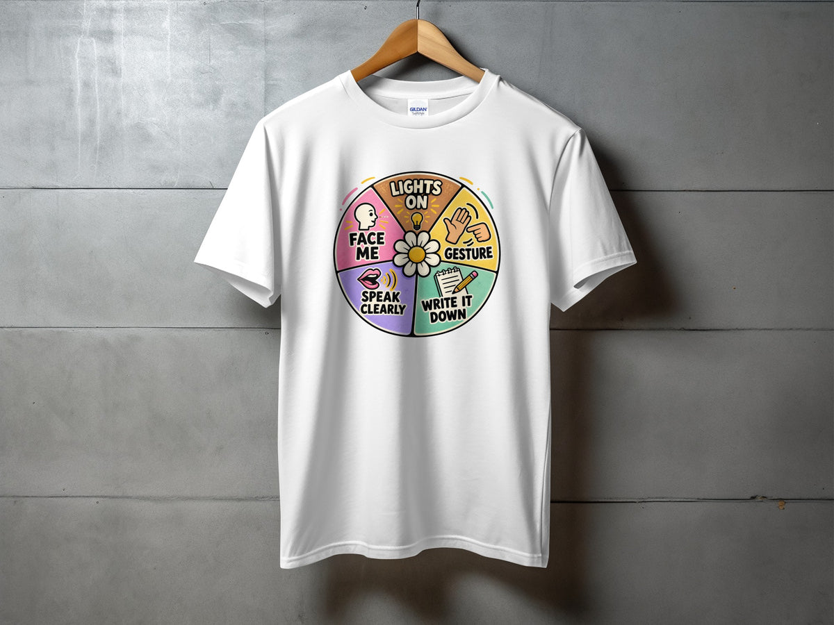 White t-shirt with a colorful circular graphic about communication.