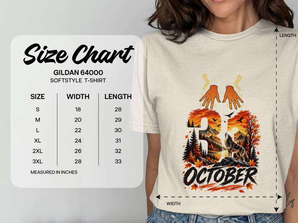 Gildan 64000 Softstyle T-Shirt size chart with width and length measurements in inches.