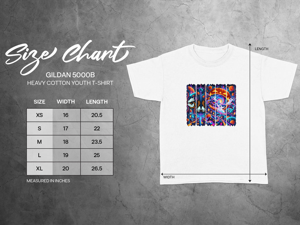 Gildan 5000B youth t-shirt size chart with width and length measurements.