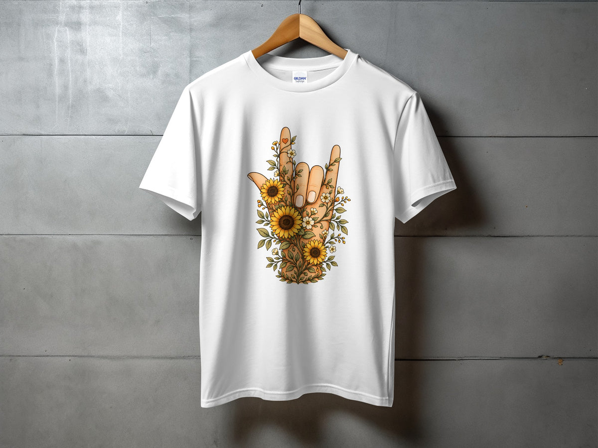 White t-shirt with a hand making the rock-on sign adorned with sunflowers and flowers.