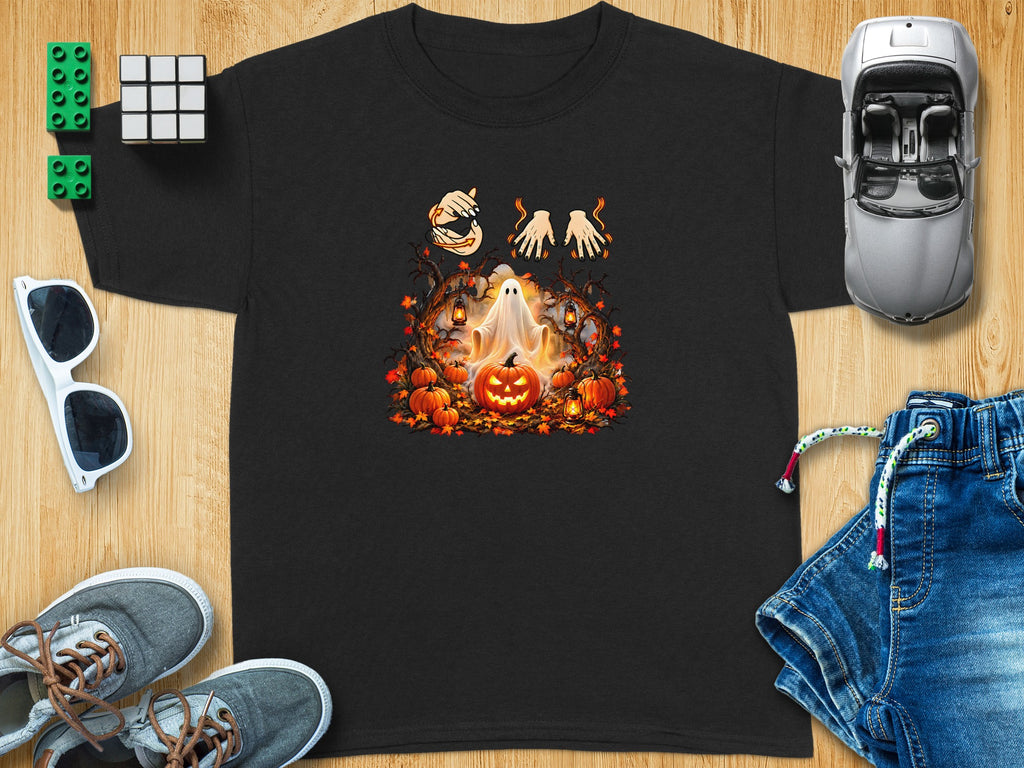 Black t-shirt with Halloween ghost, jack-o'-lantern, and pumpkins graphic.