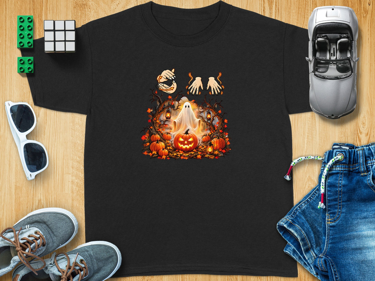 Black t-shirt with Halloween ghost, jack-o'-lantern, and pumpkins graphic.