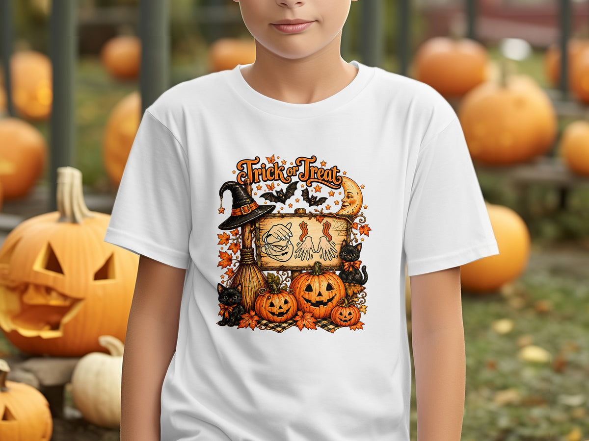 White t-shirt with a "Trick or Treat" Halloween graphic featuring pumpkins, cats, and bats.