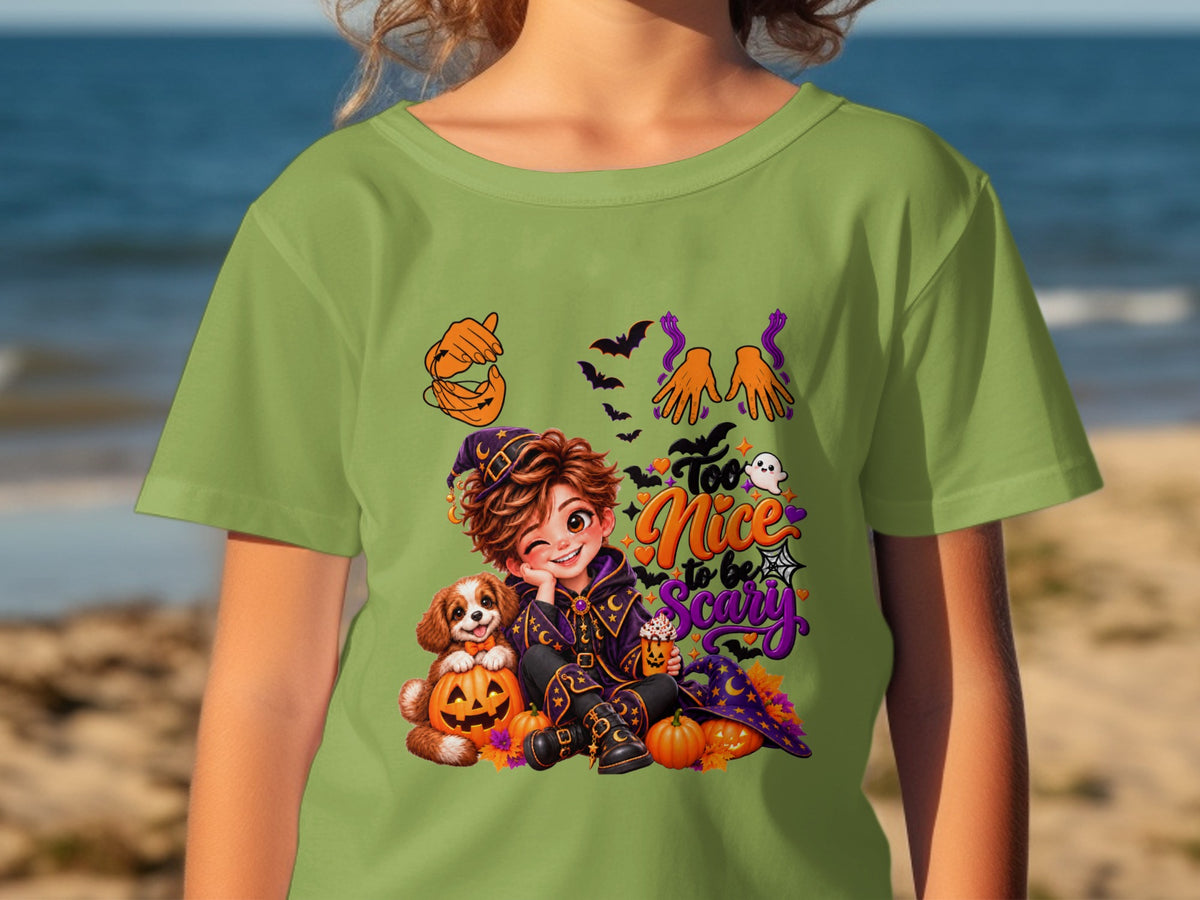 Halloween graphic with child, dog, pumpkins, and text "Too Nice to be Scary".