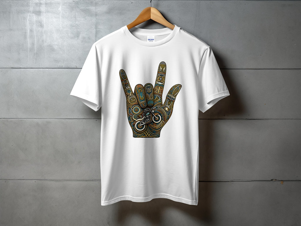 White t-shirt with a rock-on hand gesture graphic in tribal style.