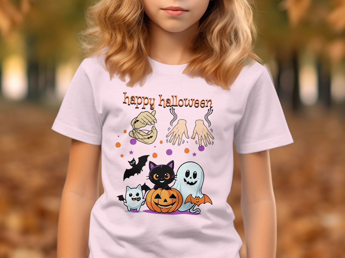 White t-shirt with "happy halloween" text and cartoon Halloween characters.