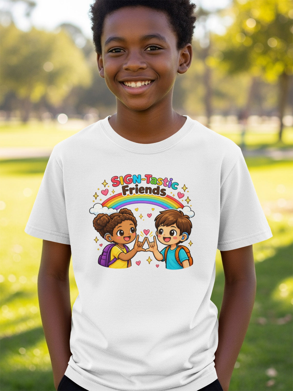 White t-shirt with cartoon children signing "SIGN-Tastic Friends" and a rainbow.