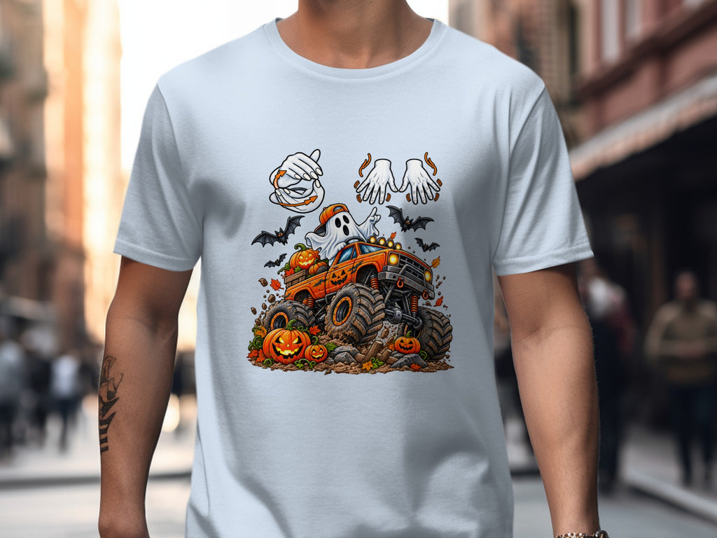 Halloween graphic with monster truck, ghost, pumpkins, and bats.