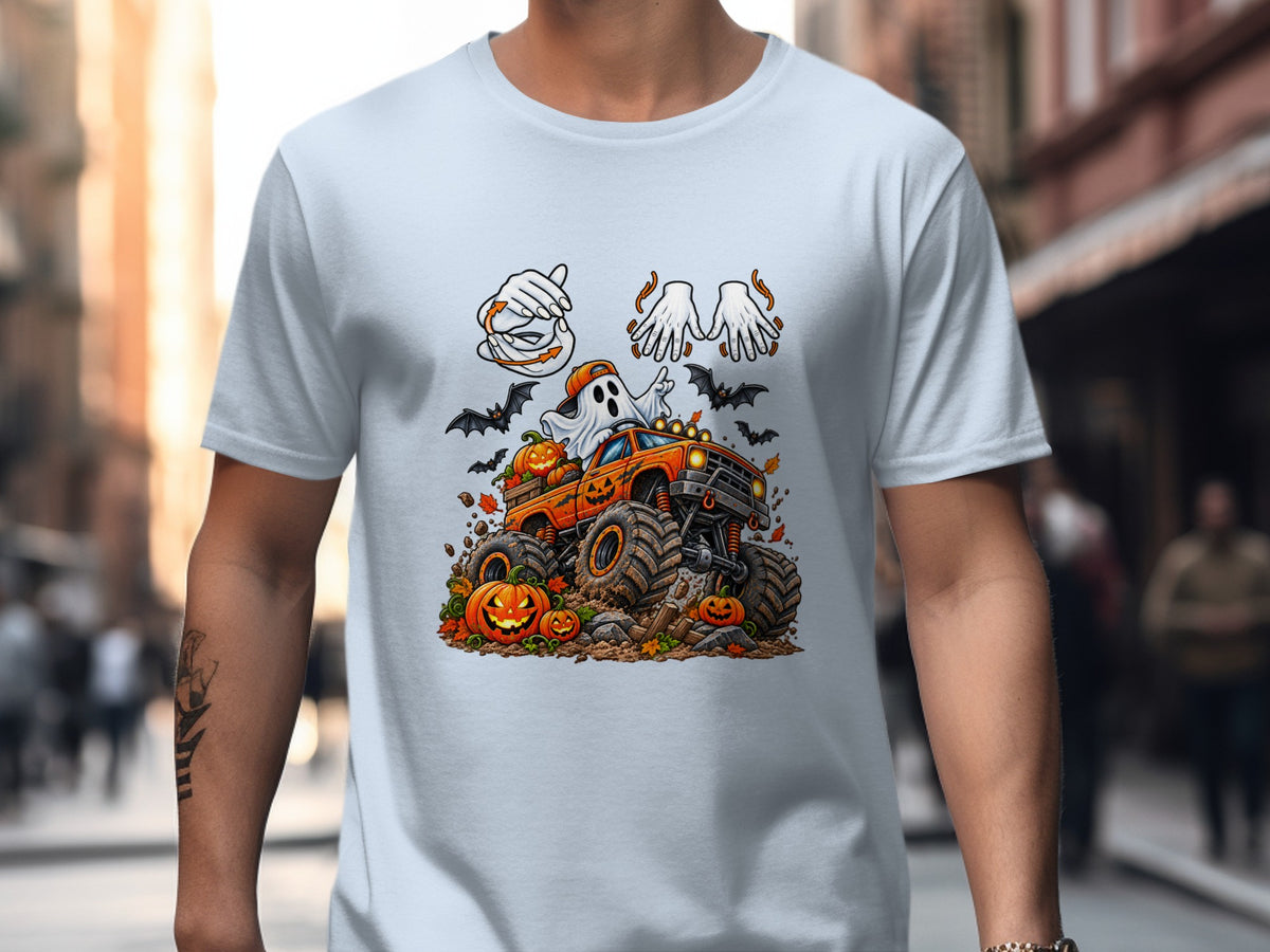 Halloween graphic with monster truck, ghost, pumpkins, and bats.