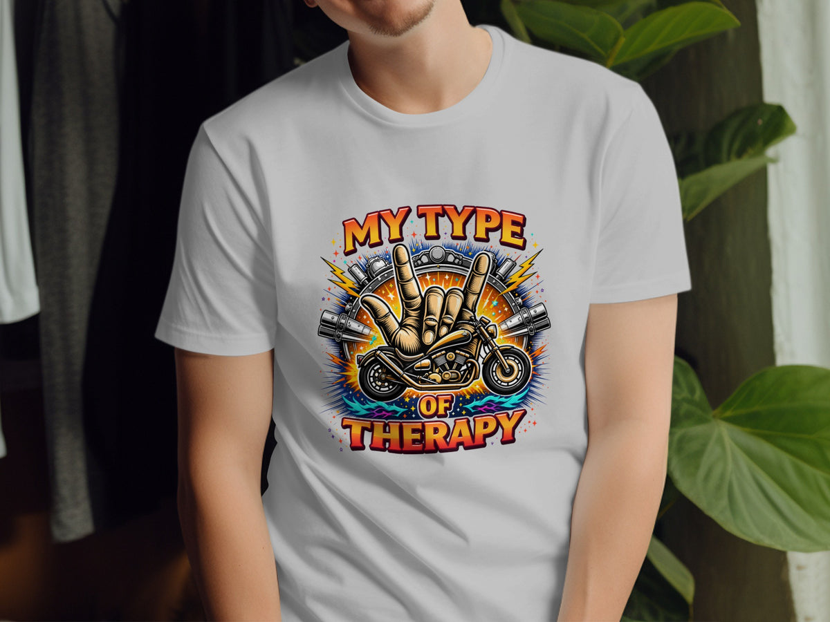 T-shirt with "My Type of Therapy" text, motorcycle, and rock on hand graphic.