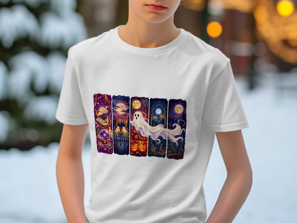 White t-shirt with a Halloween-themed graphic of a ghost and pumpkins.