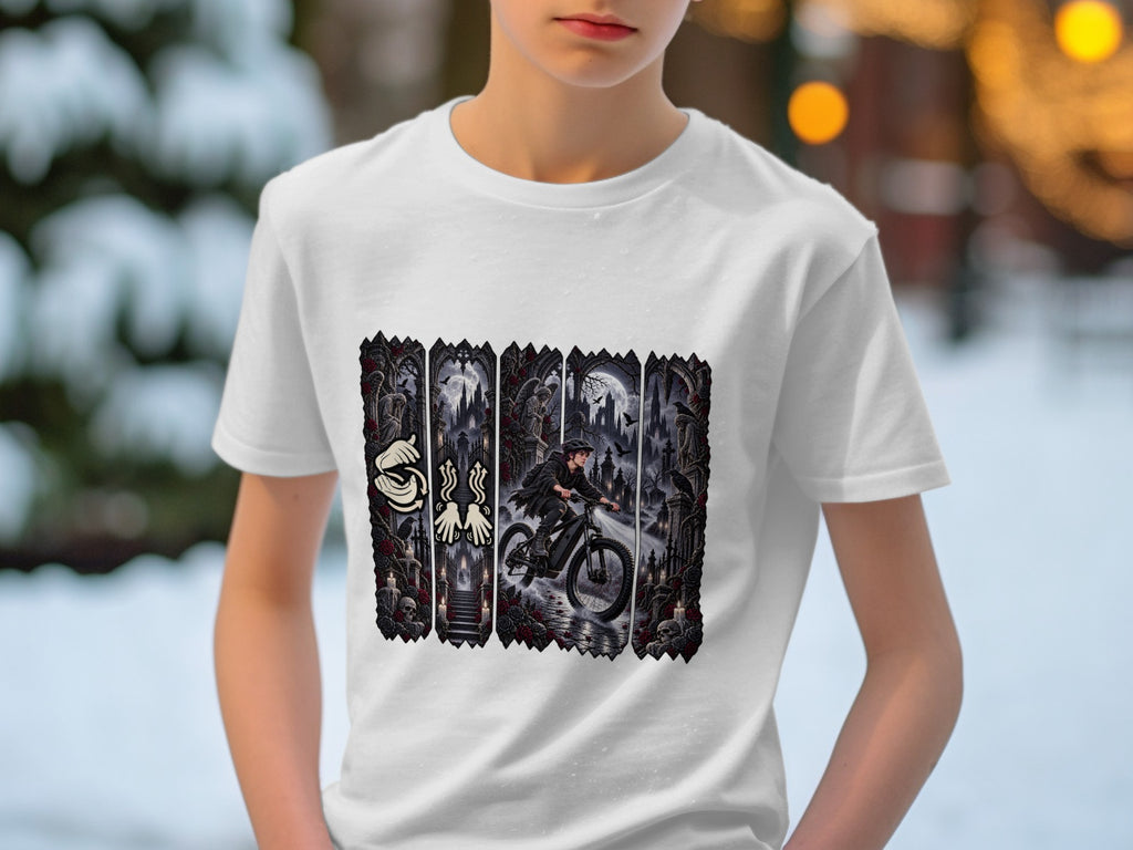 T-shirt graphic of a person on a bike with spooky gothic imagery.