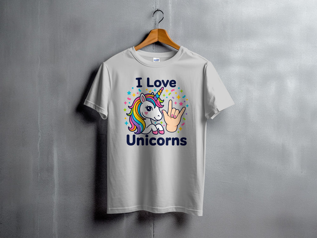 White t-shirt with colorful unicorn graphic and text "I Love Unicorns".
