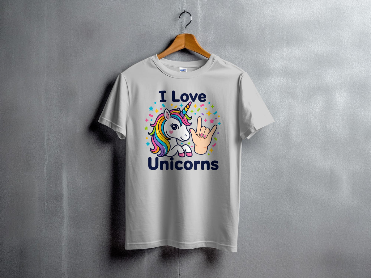 White t-shirt with colorful unicorn graphic and text "I Love Unicorns".