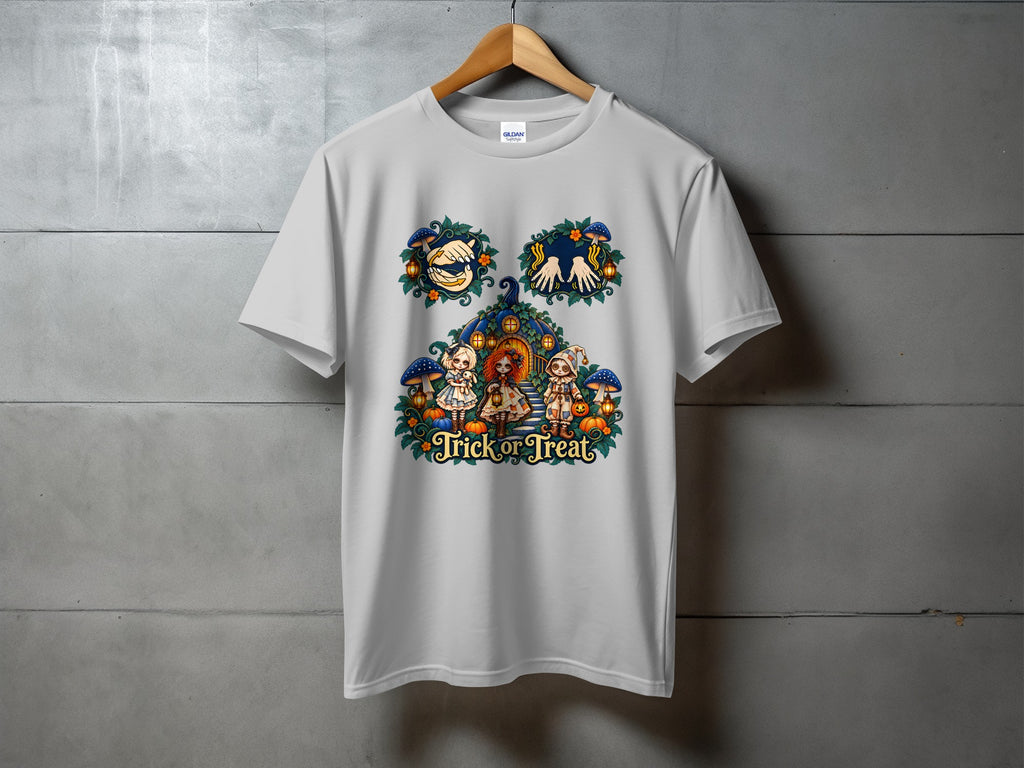 White t-shirt with "Trick or Treat" graphic featuring dolls and Halloween imagery.