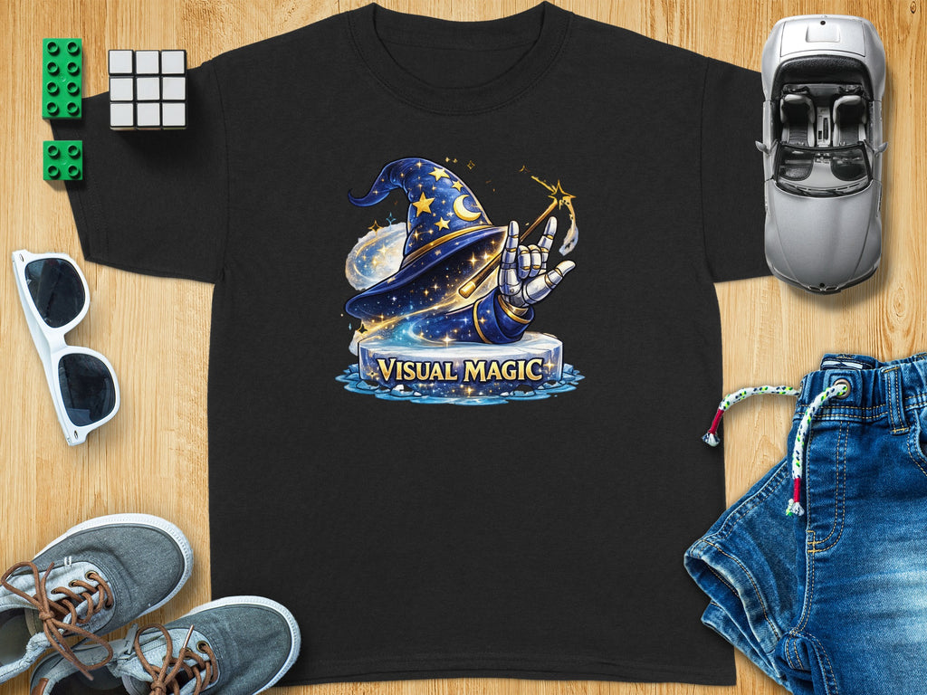 Black t-shirt with a wizard hat and robot hand design reading "Visual Magic".