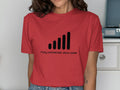 Red t-shirt with a black signal bar graphic and text that reads "Fully connected. Zero noise."