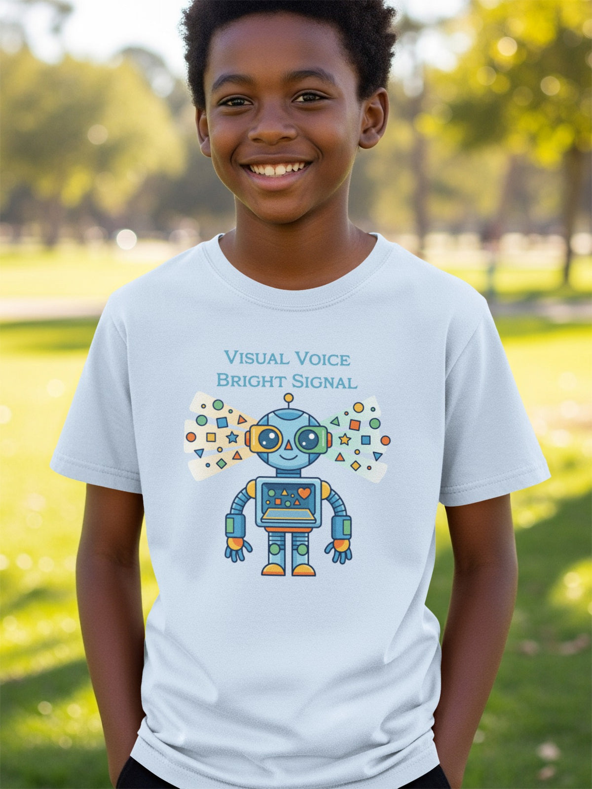 Light blue t-shirt with a blue robot graphic and text "Visual Voice Bright Signal."