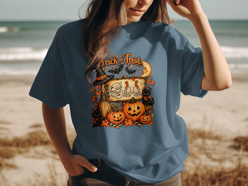 Halloween graphic with pumpkins, black cats, witch hat, and bats, saying "Trick or Treat".