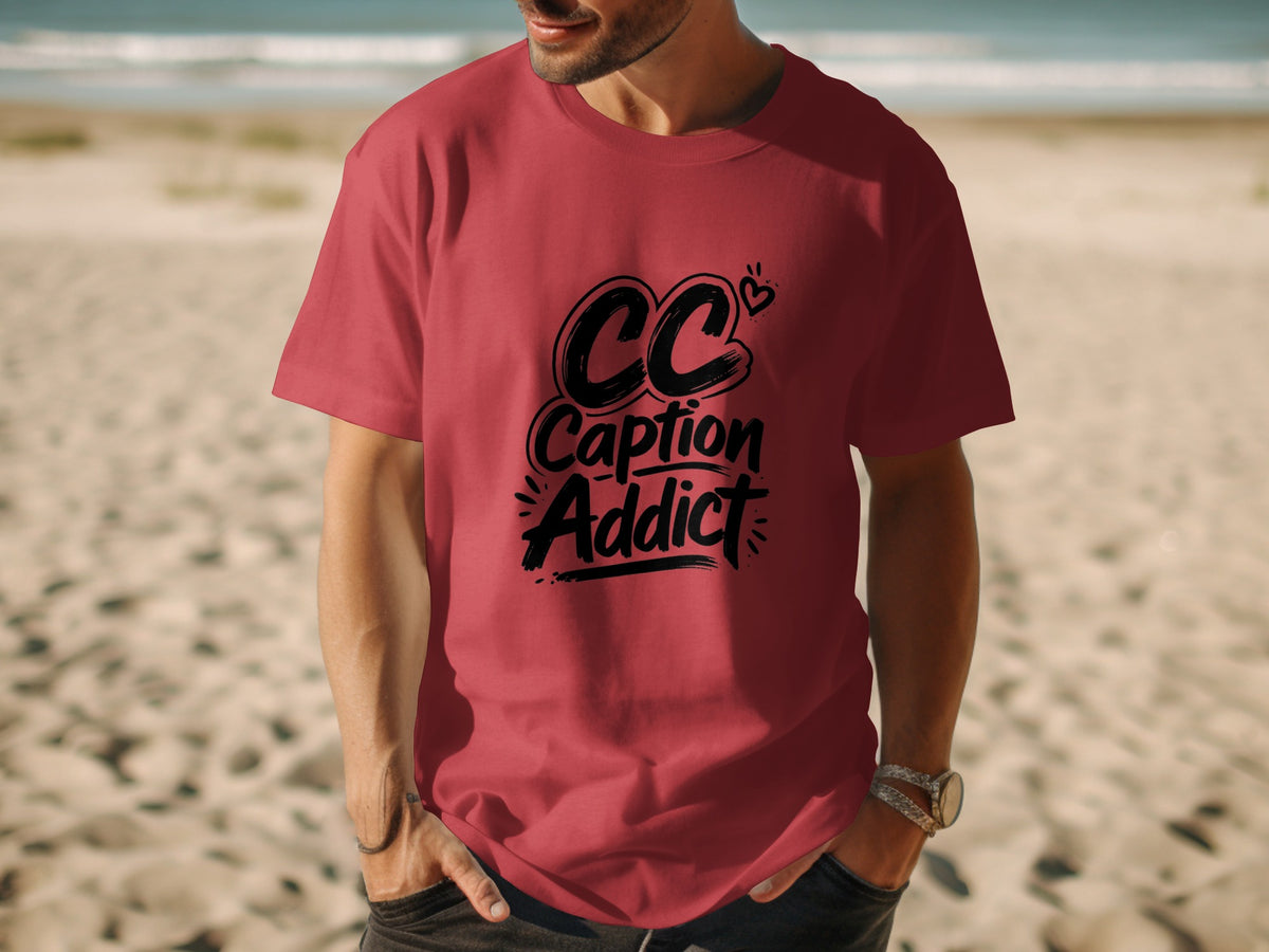 Red t-shirt with "CC Caption Addict" text and a small heart.
