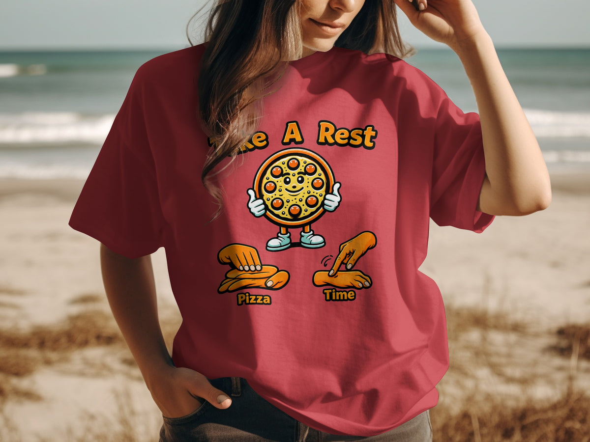 T-shirt graphic of a smiling pizza character with text "Take A Rest", "Pizza", and "Time".