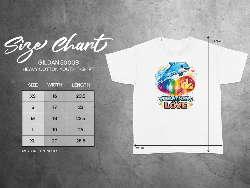 Gildan 5000B youth t-shirt size chart with graphic of dolphin and "Vibrations of Love."