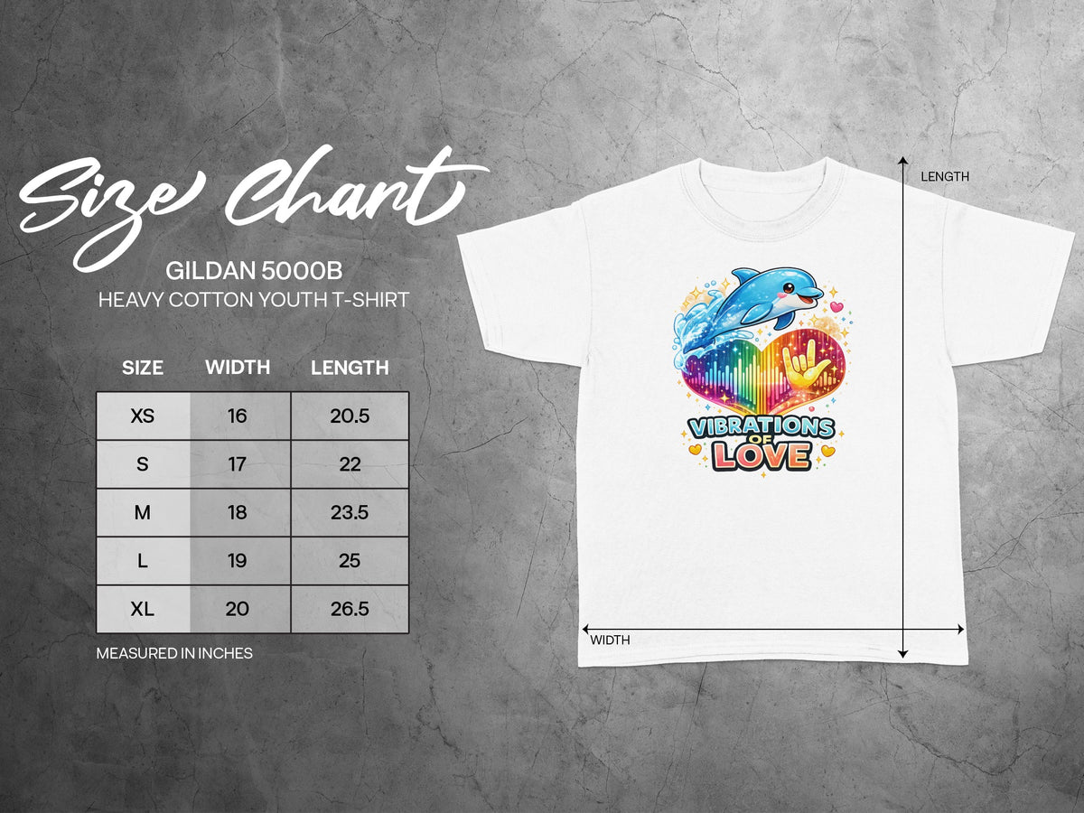 Gildan 5000B youth t-shirt size chart with graphic of dolphin and "Vibrations of Love."