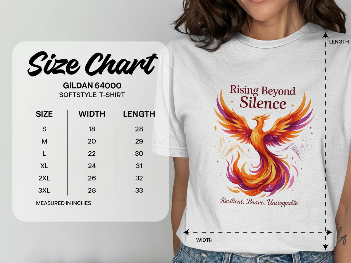 Gildan 64000 Softstyle T-Shirt size chart with phoenix graphic and text "Rising Beyond Silence".